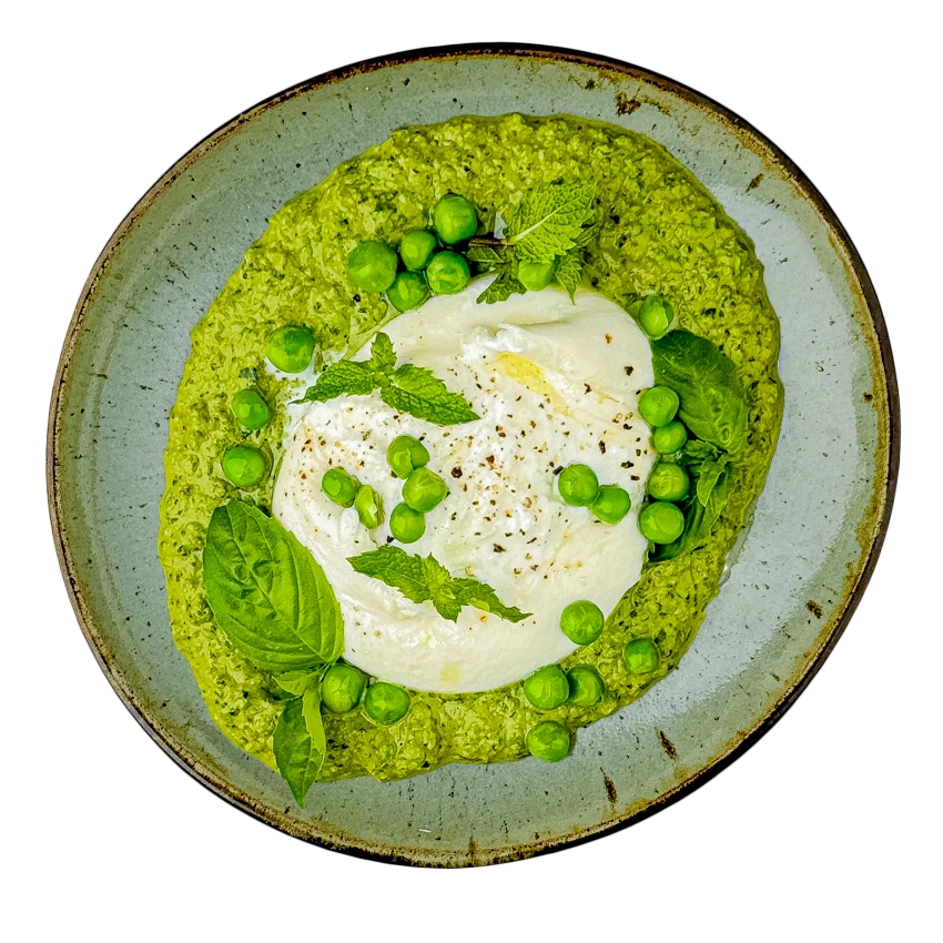 Burrata With Pea Puree And Mint