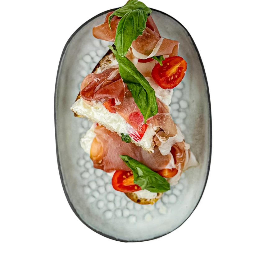 Toasted Sandwich with Tomatoes, Burrata and Parma Ham
