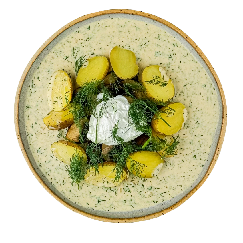 Poached Eggs with Mushrooms in Dill Sauce and Potatoes