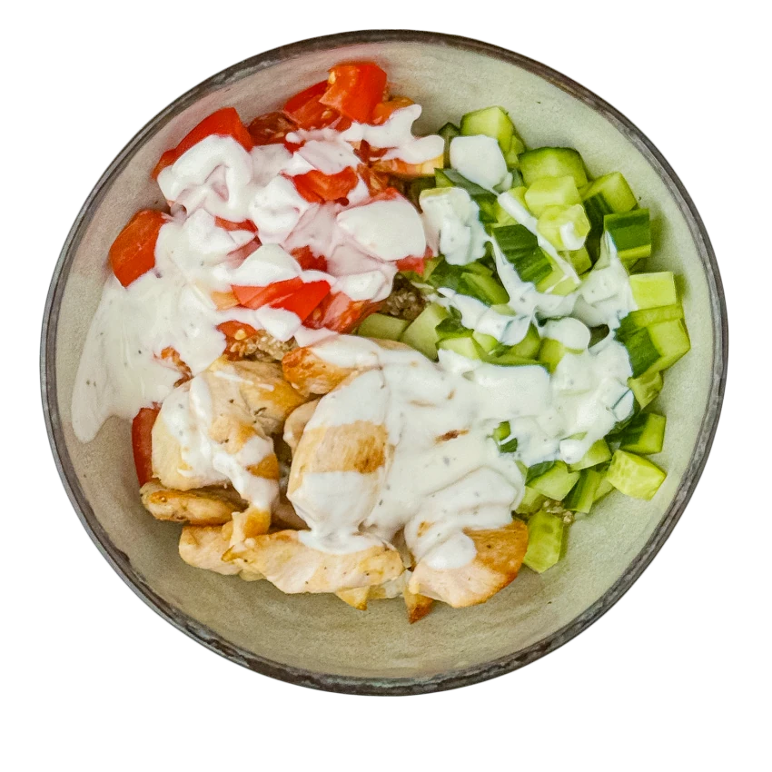 Bowl with Chicken, Quinoa, Vegetables and Yogurt Dressing