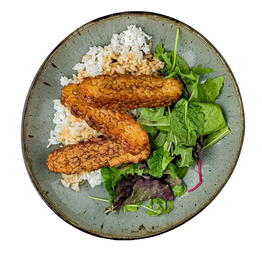 Bowl with Tempeh, Rice, Salad and Soy-Butter Sauce