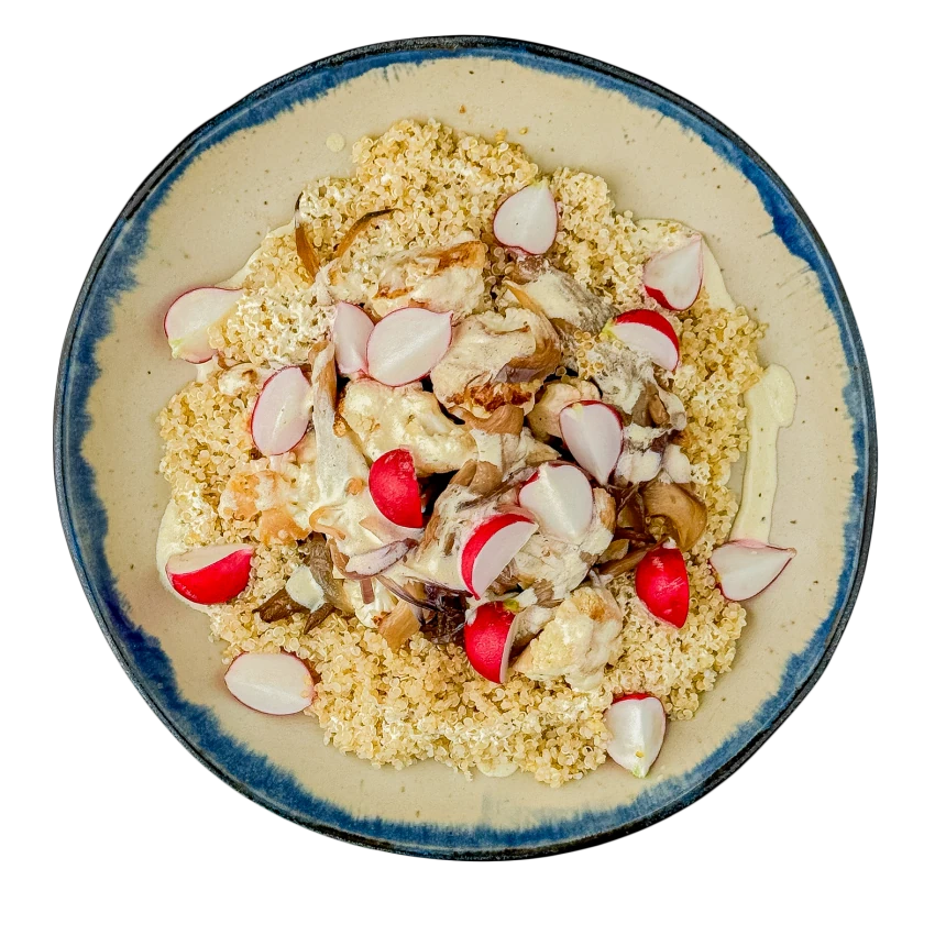 Bowl with Roasted Oyster Mushrooms, Quinoa, Cauliflower and Sour Cream Dip