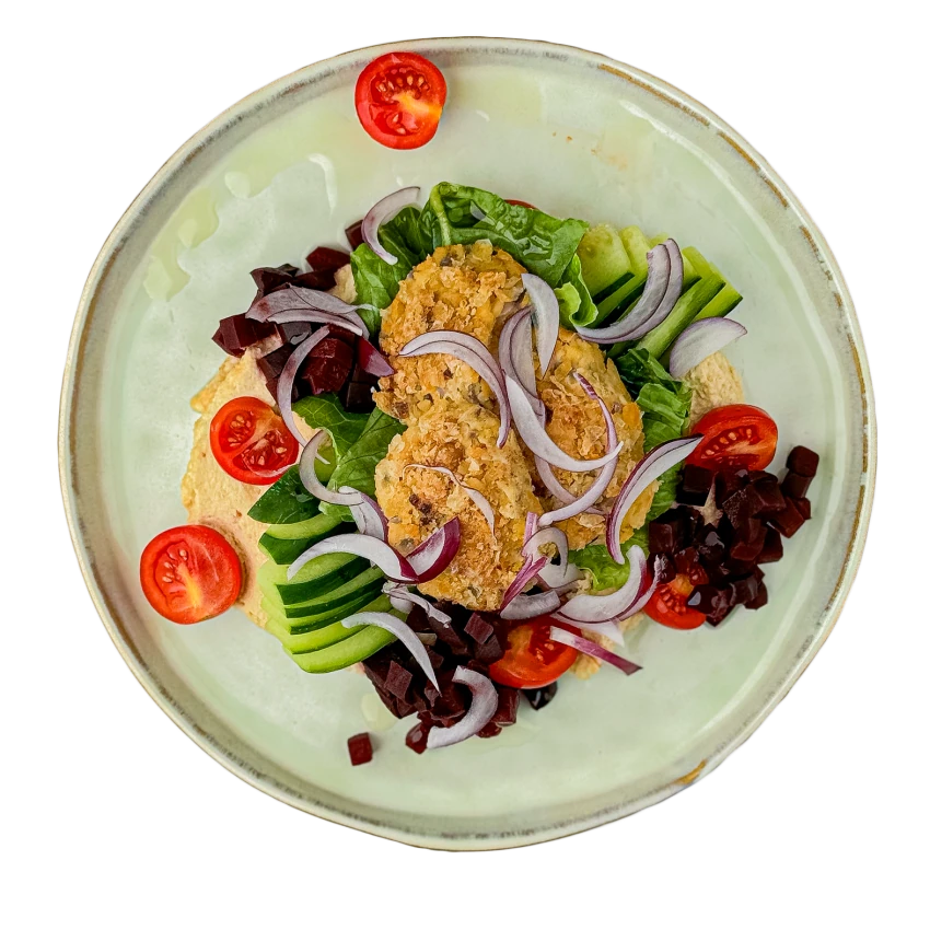 Vegan Bowl with Chickpea Patties, Beetroot, Cucumbers and Hummus