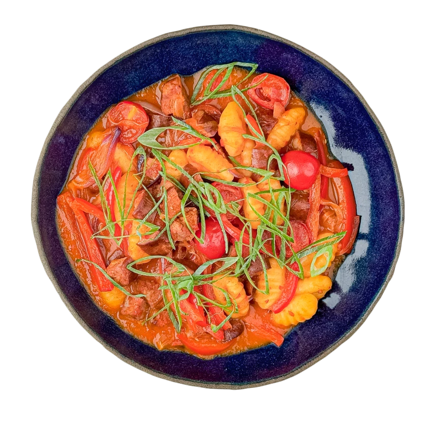 Lečo with Sausage, Potato Gnocchi and Roasted Vegetables