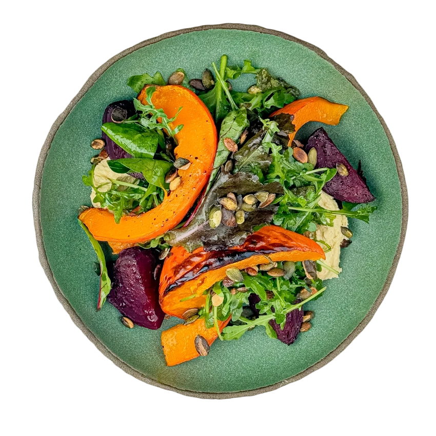 Roasted Squash and Beet with Arugula and Hummus