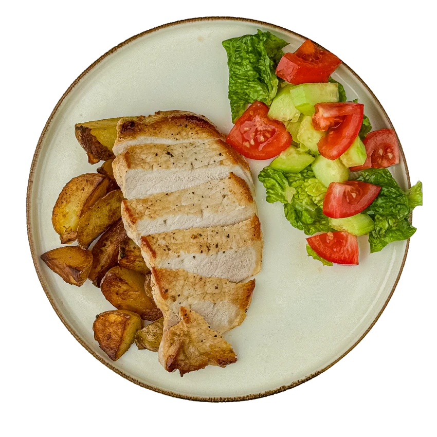 Schweinebraten mit Ofenkartoffeln und Salat