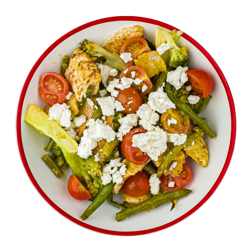 Panzanella Salad With Roasted Vegetables, Feta Cheese And Pita Bread