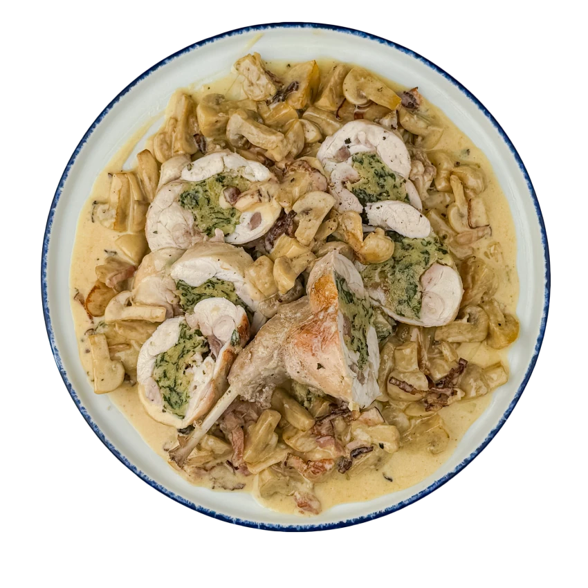 Rabbit Roulades in Cream Sauce with Button Mushrooms
