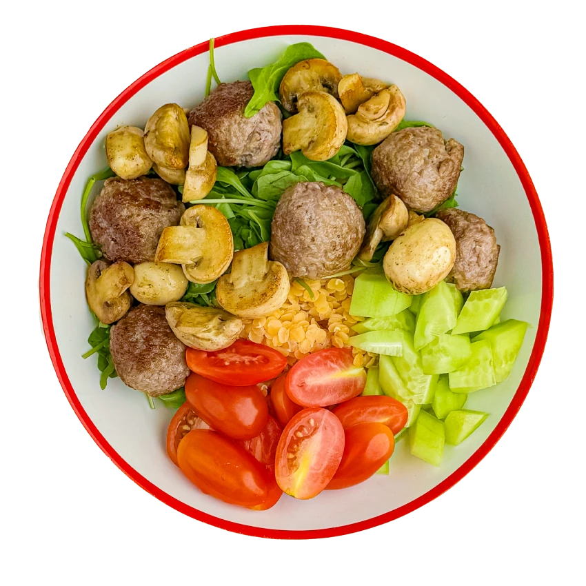 Bowl Mit Roten Linsen, Bohnen Und Fleischbällchen