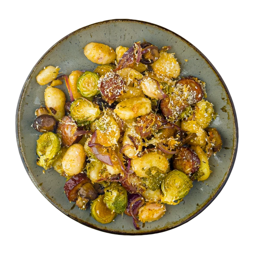 Baked Gnocchi with Sausage, Brussels Sprouts and Mushrooms