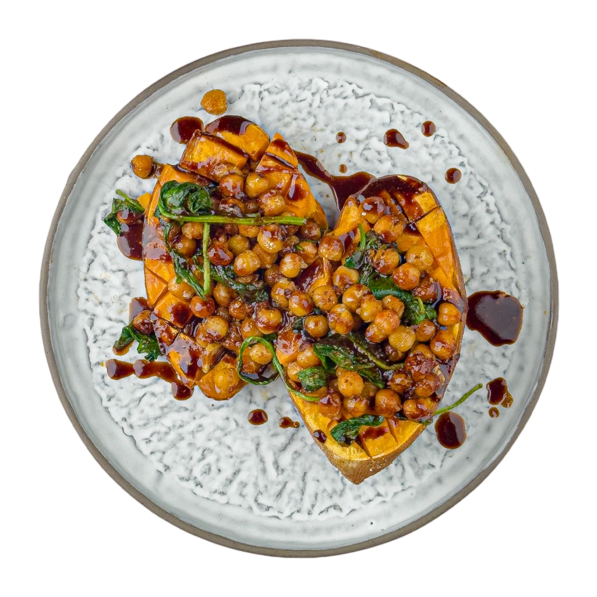 Roasted Sweet Potatoes with Chickpeas, Spinach and Tahini Dressing