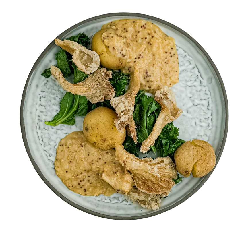 Fried Oyster Mushrooms with Kale, Potatoes and Mustard Sauce