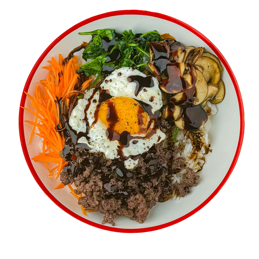 Bibimbap With Crispy Beef, Mushrooms And Rice