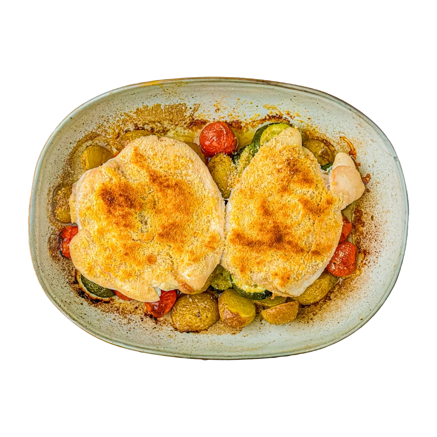 Baked Chicken Cutlet With Roasted Vegetables And Spicy Mayonnaise