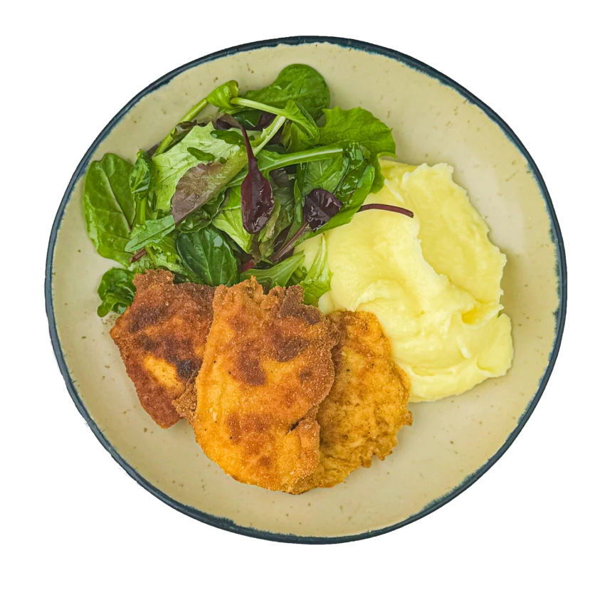 Mini Schnitzels with Mashed Potatoes and Salad