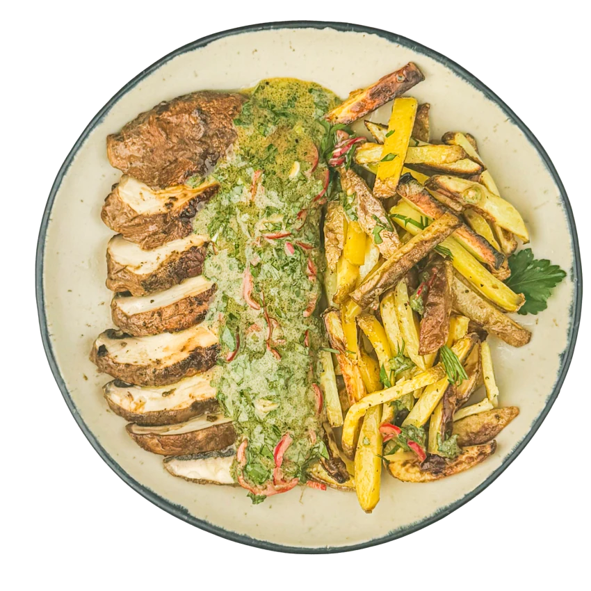 Portobello Steak with Fries and Chimichurri Salsa