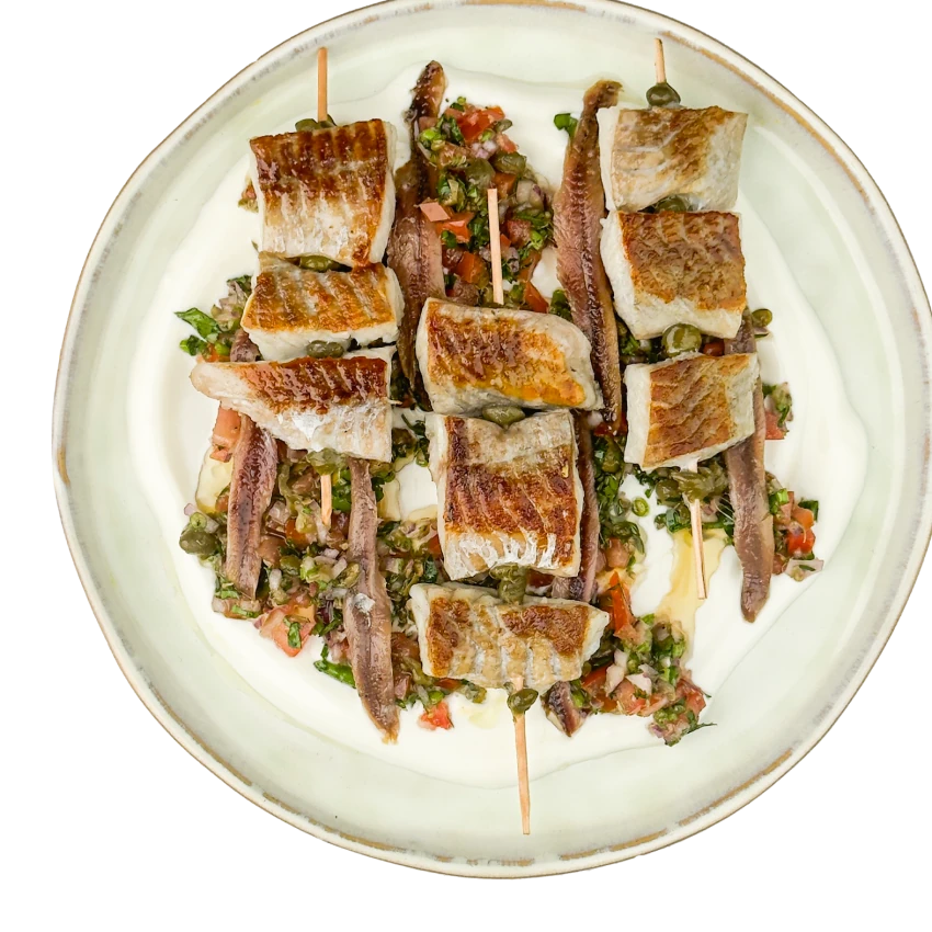 Tapas Cod Skewers with Tomato Salsa and Yogurt