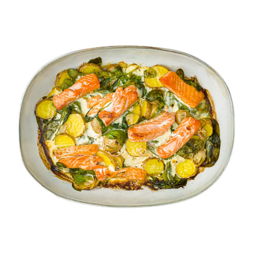 Roasted Potatoes with Salmon and Spinach