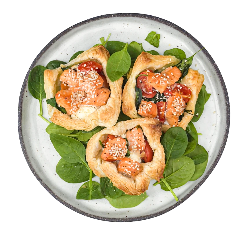 Tartlet With Salmon, Cherry Tomatoes And Spinach