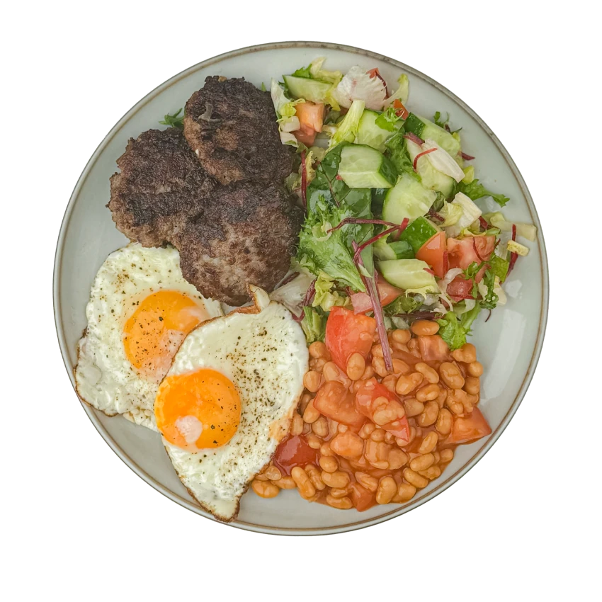 Homemade Meat Patties, Egg, Beans And Salad