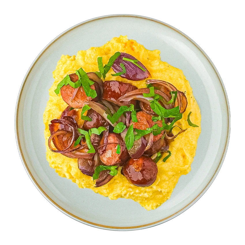 Baked Sausage with Onion and Cheddar Polenta