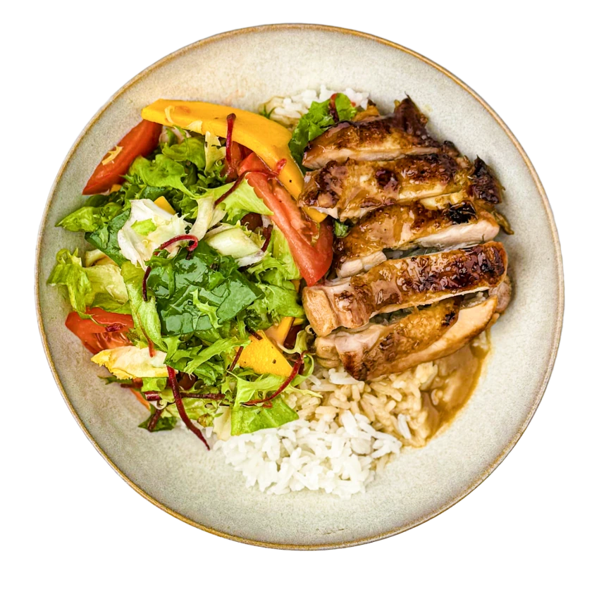 Bowl with Coconut Chicken, Rice and Mango Salad