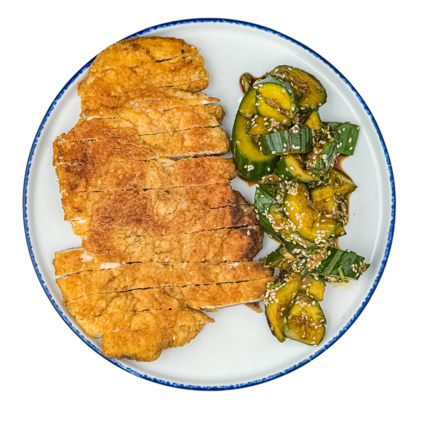 Chicken Schnitzel with "Smashed" Cucumber Salad