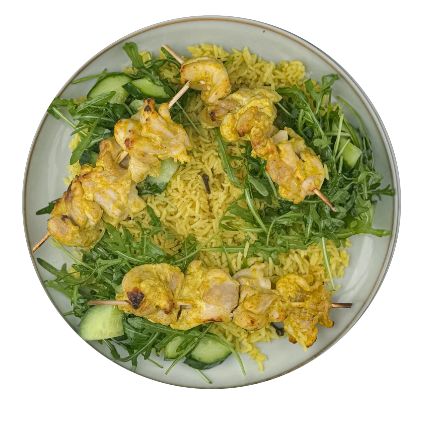 Chicken Tikka Skewers With Spiced Rice