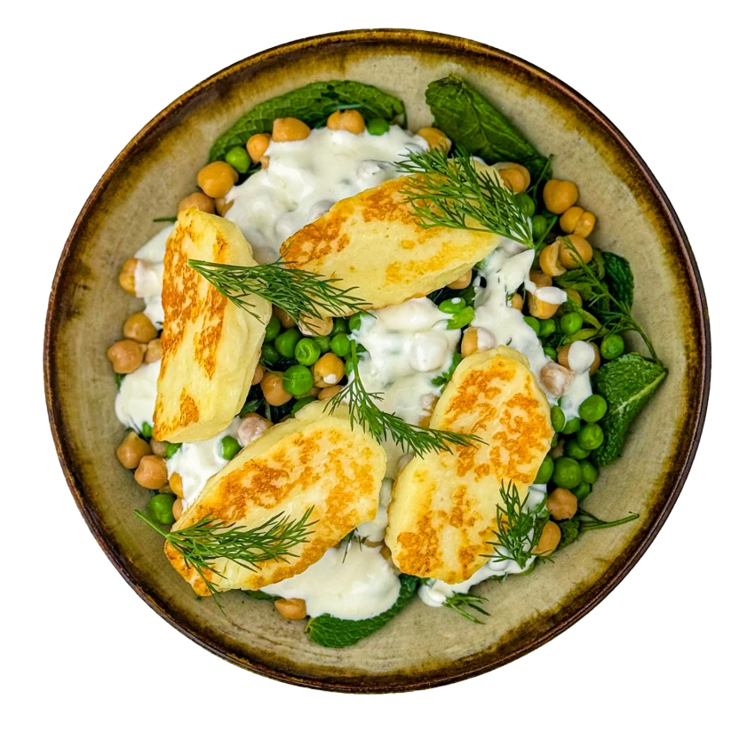 Pea and Chickpea Salad with Halloumi Cheese