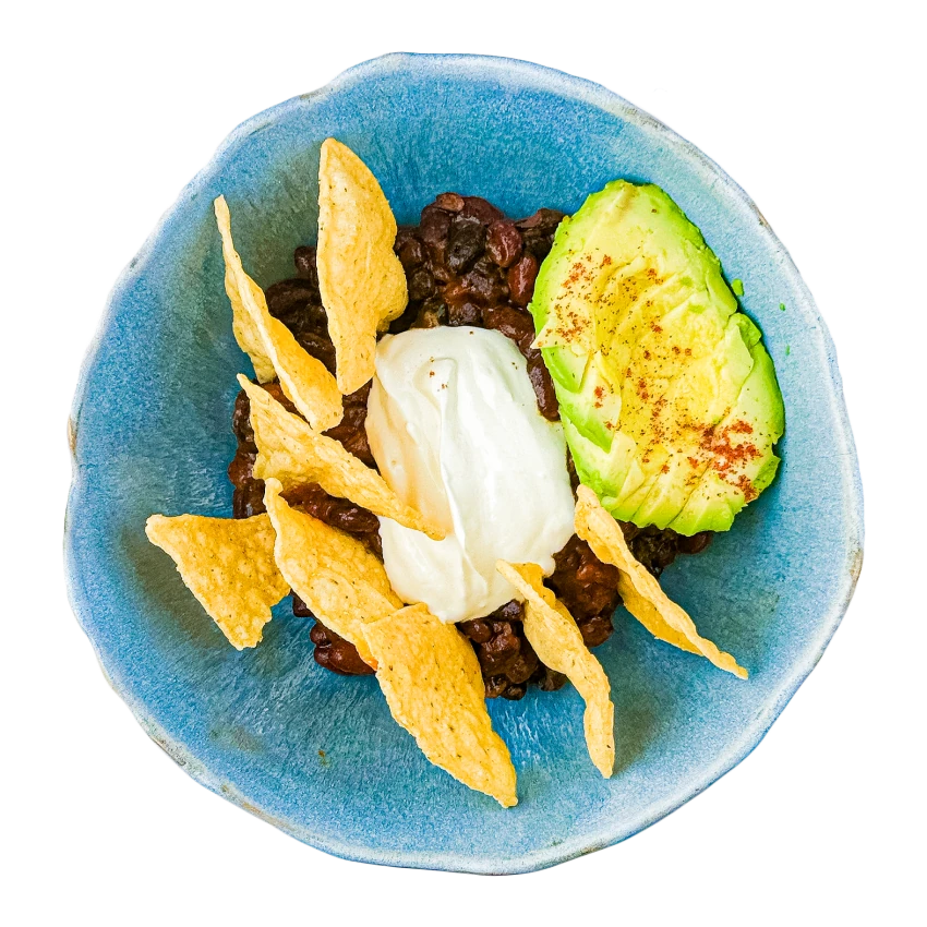 Mexican Beans with Nachos, Avocado and Sour Cream
