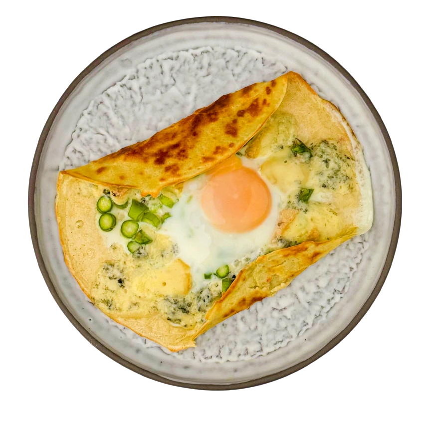 Savoury Crepe with Asparagus, Egg and Blue Cheese