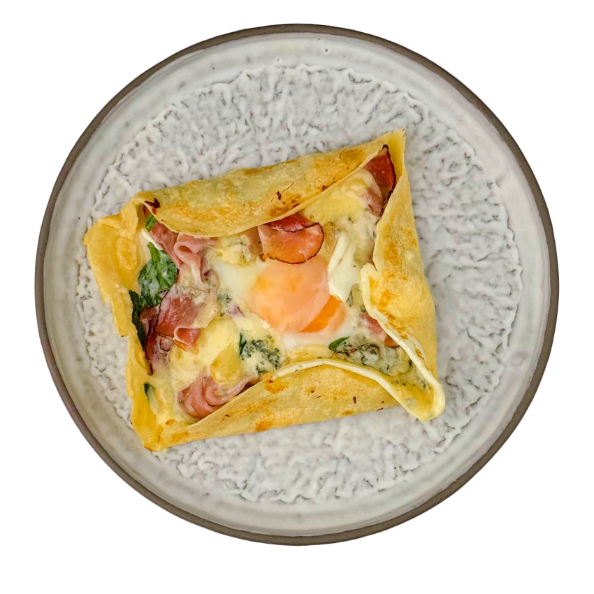Savoury Crepe with Ham, Egg, Blue Cheese and Spinach