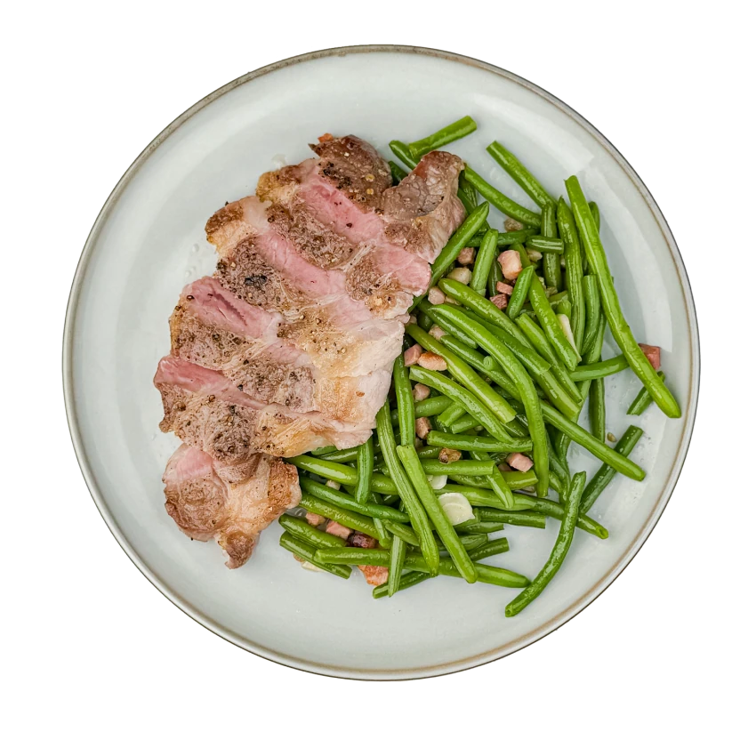Pork Neck Steak and Green Beans with Bacon
