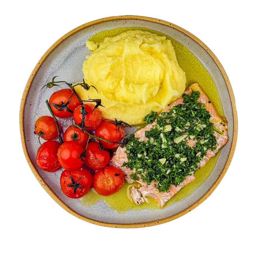 Salmon with Garlic Pesto and Mash