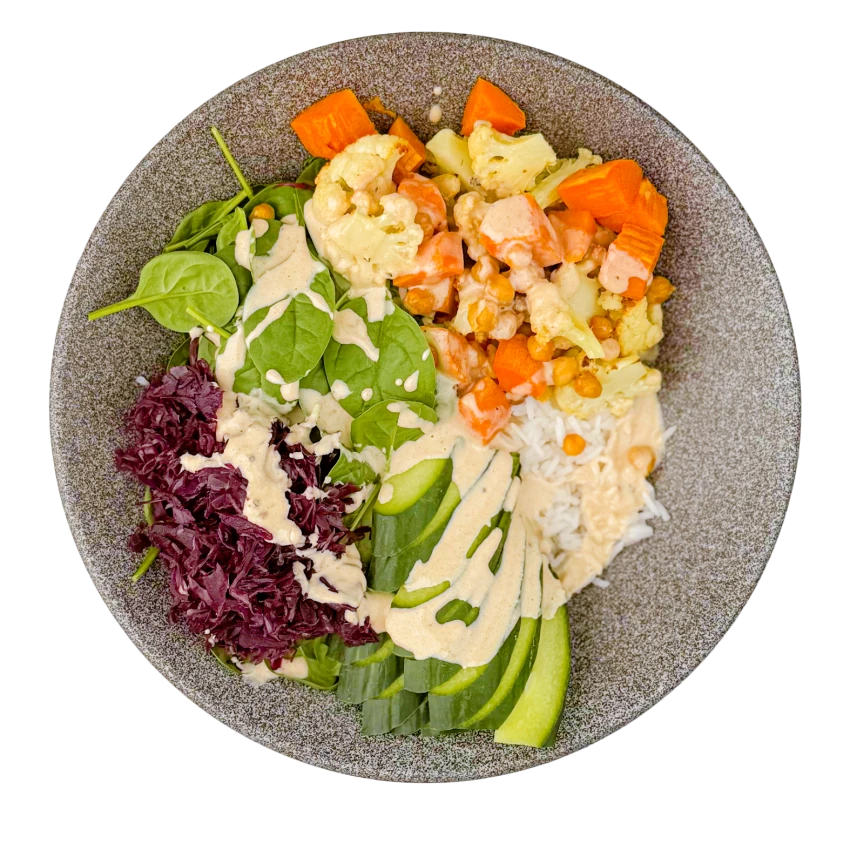 Vegetarian Shawarma Bowl With Chickpeas, Cauliflower, Rice And Sweet Potatoes