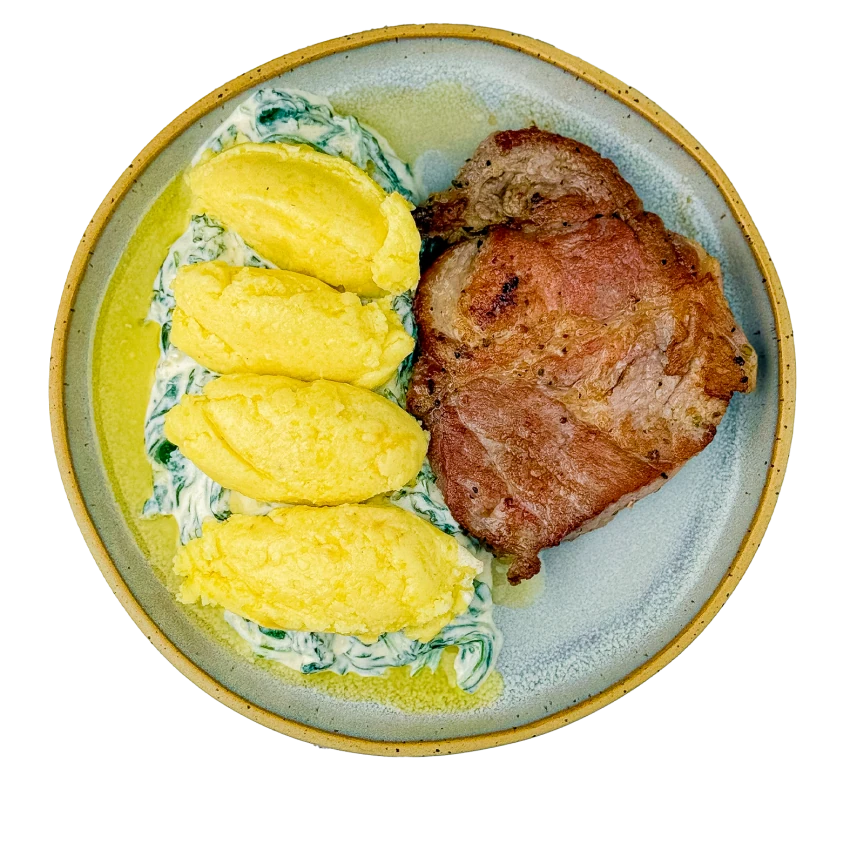 Potato Dumplings with Pork Neck and Spinach