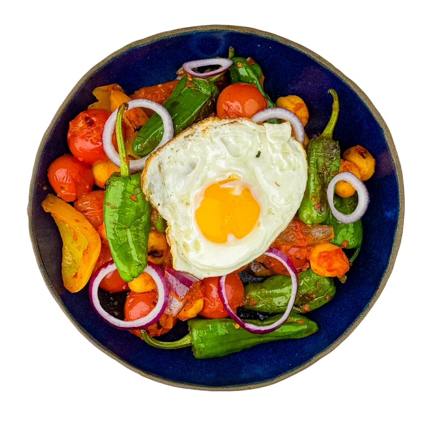 Lečo with Potato Gnocchi and a Sunny-Side Up Egg