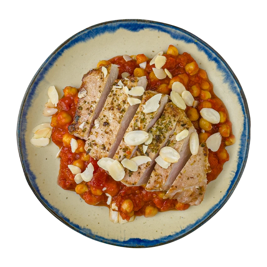 Pork Cutlet with Almonds, Ajvar and Chickpeas