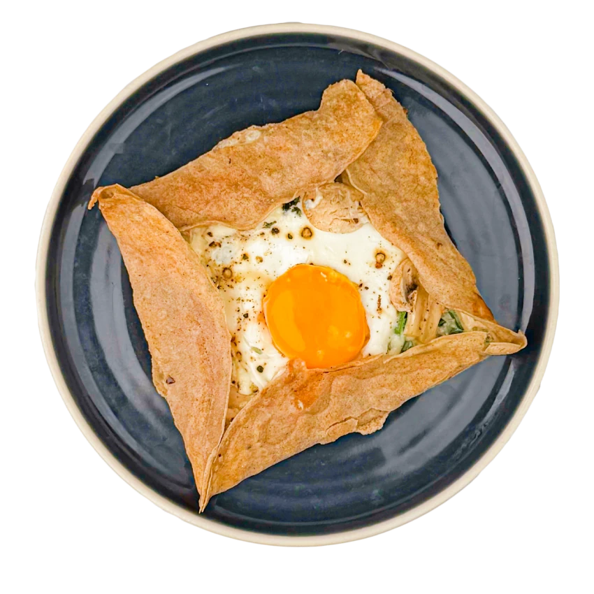 Buckwheat Crepe With Button Mushrooms, Egg, Leek And Blue Cheese