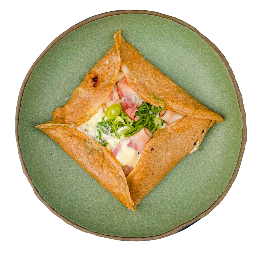 Buckwheat Crepe With Blue Cheese, Bacon And Spring Onion