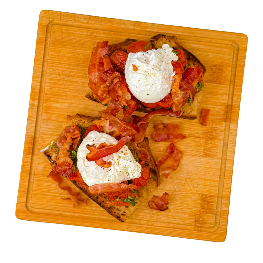 Bruschetta With Roasted Tomatoes, Bacon And Poached Egg