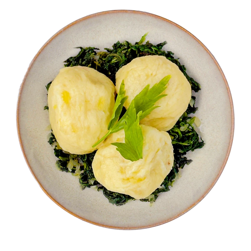 Stuffed Potato Dumplings with Smoked Meat and Spinach