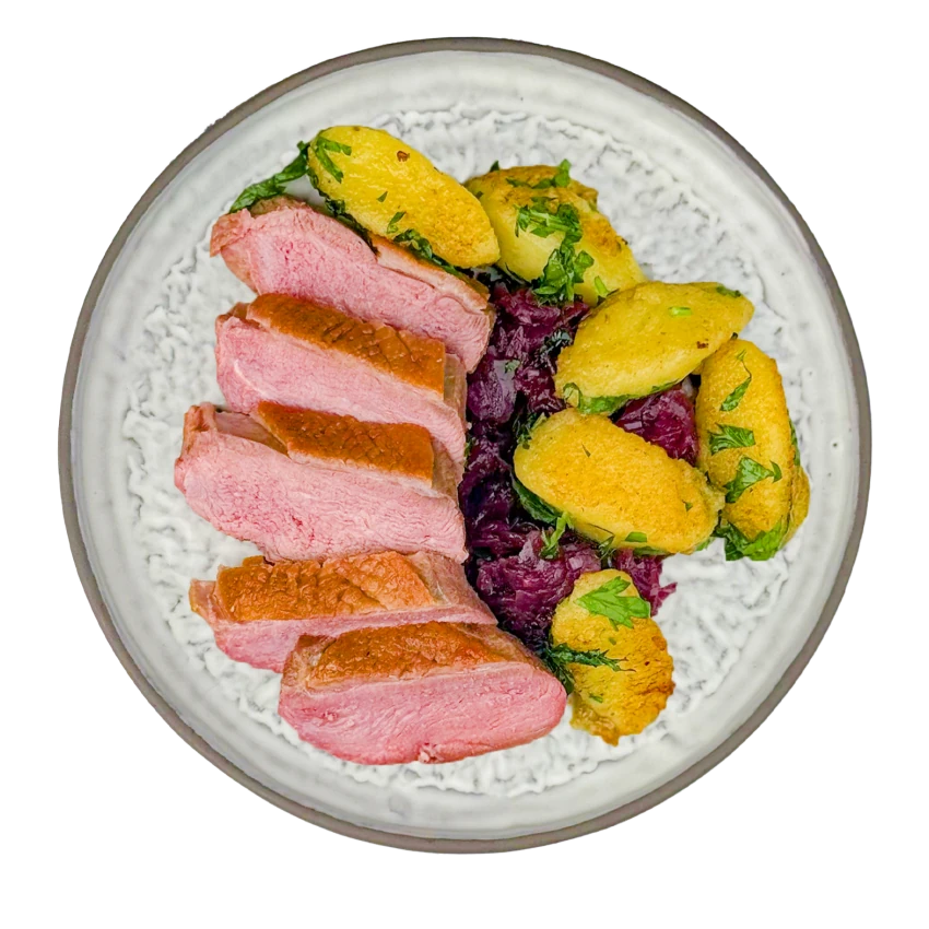 Duck Breast with Potato Dumplings and Red Cabbage
