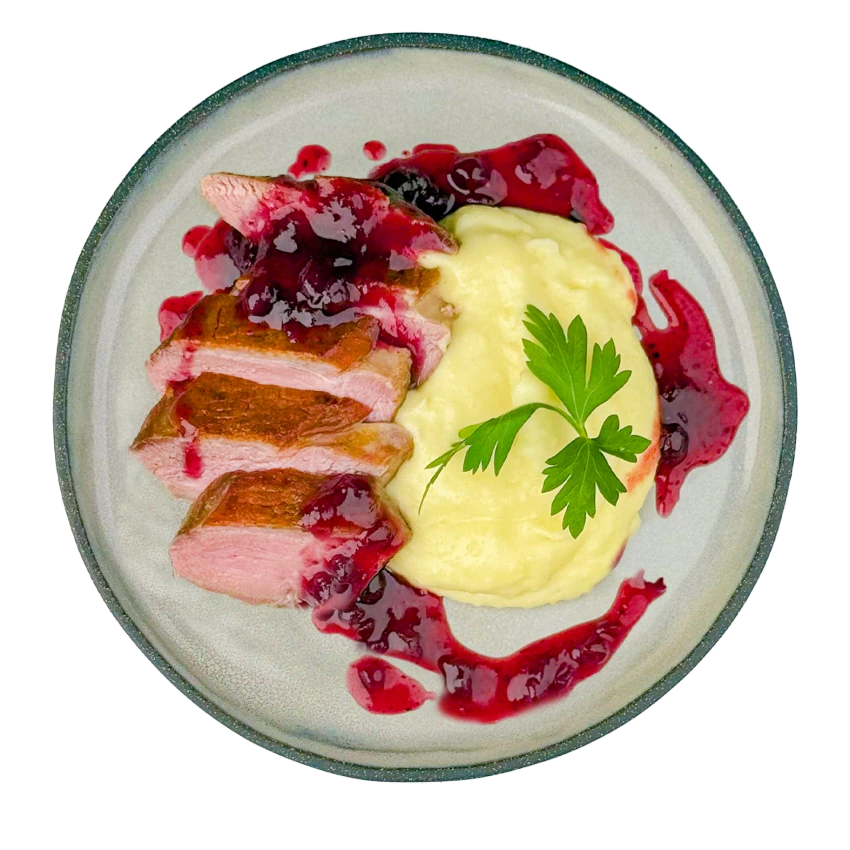 Duck Breast with Mashed Potatoes and Cranberry Sauce
