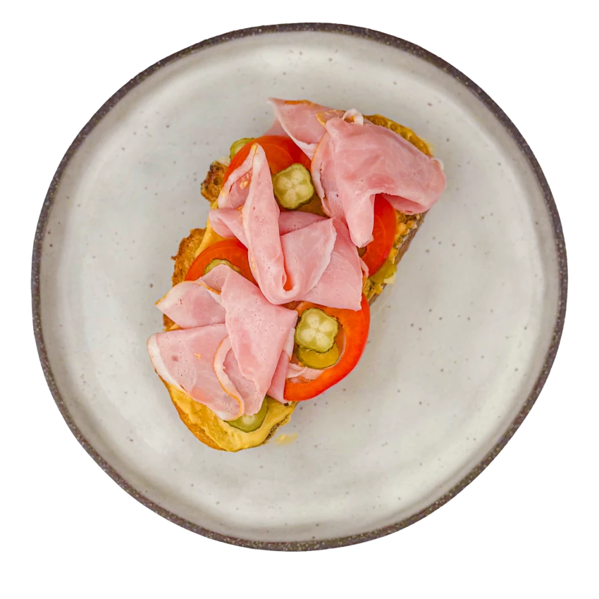 Savoury Egg-Fried Bread with Ham and Pickled Cucumbers
