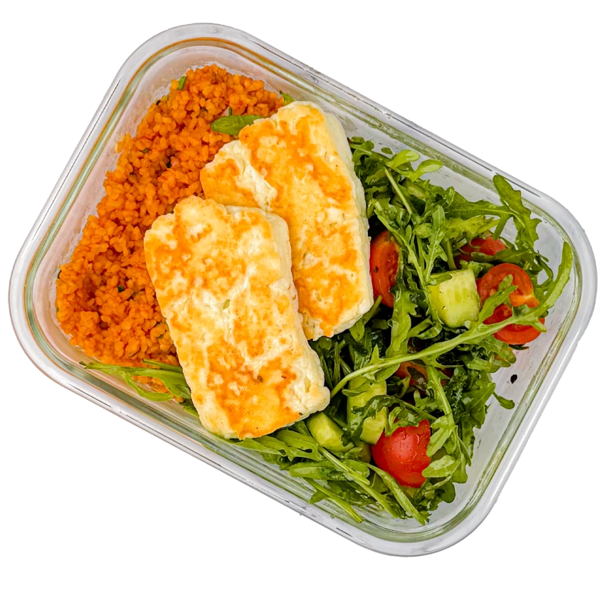 Healthy Lunch with Bulgur, Halloumi Cheese and Fresh Vegetables