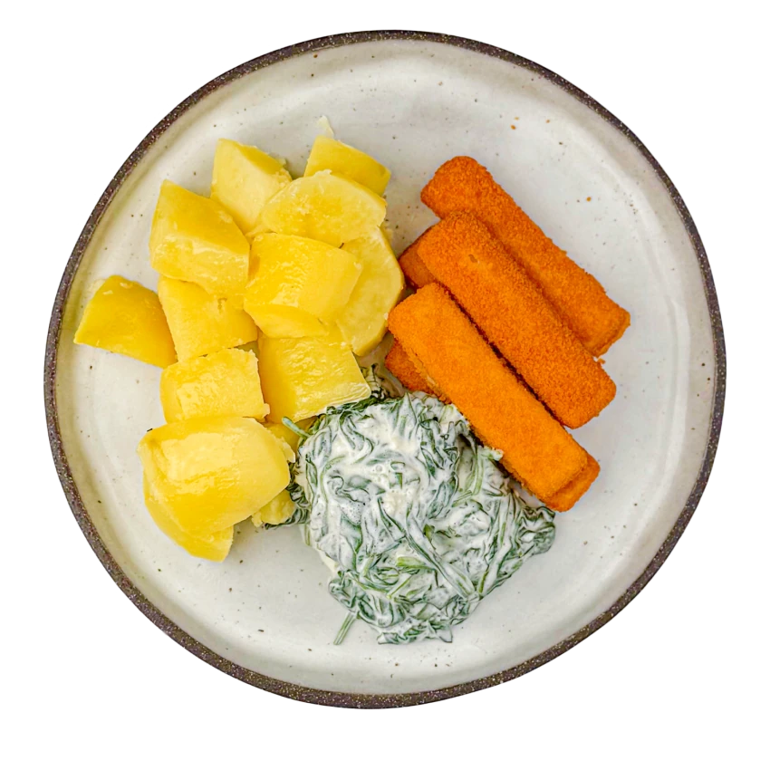 Fish Fingers with Boiled Potatoes and Spinach Dip