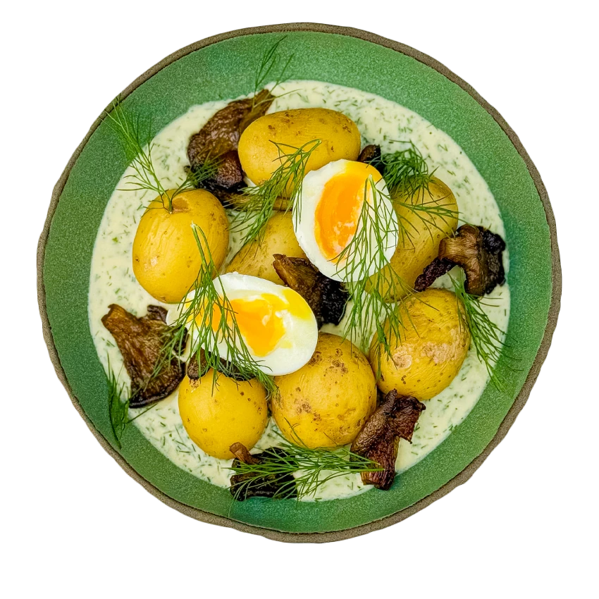 Boiled Egg with Fried Oyster Mushroom in Dill Sauce with Potatoes