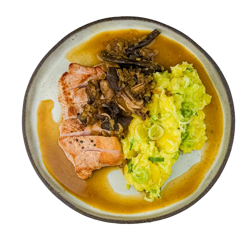 Pork Chop with Mushrooms and Smashed Potatoes