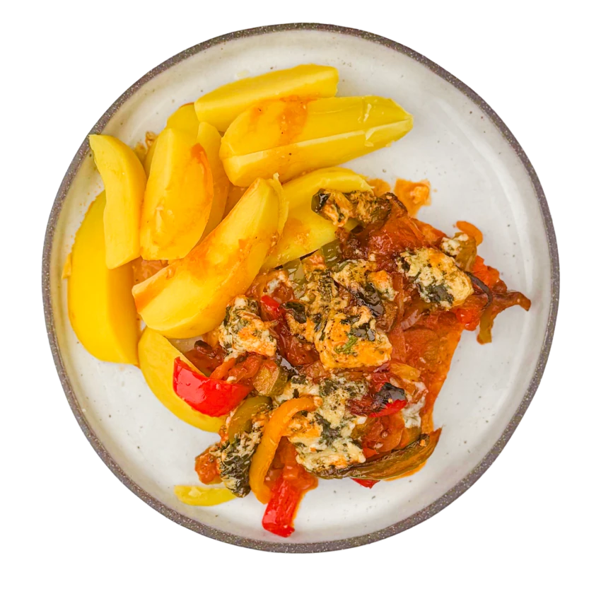 Baked Pork Cutlet with Blue Cheese, Paprika and Boiled Potatoes
